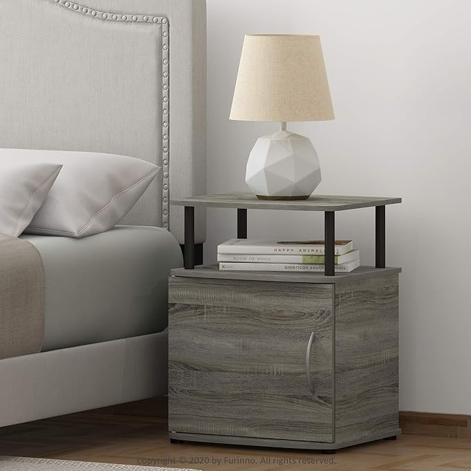 Furinno JAYA End Side Sofa Table/Nightstand with Door, 2-Pack, PVC Tubes, French Oak Grey/Black