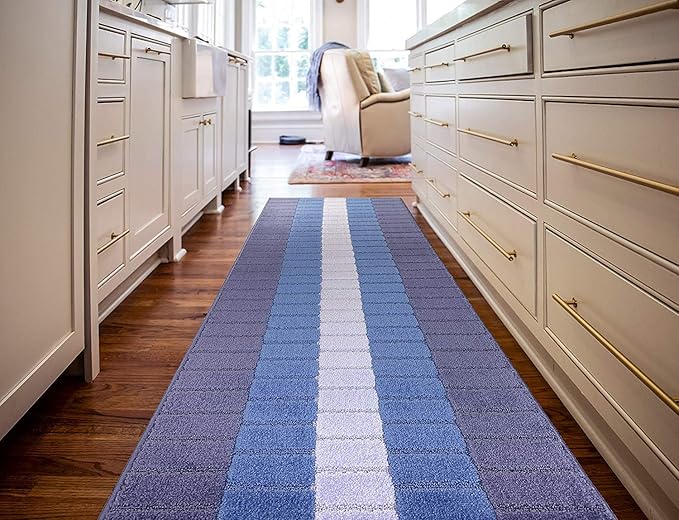 Custom Size Coastal Nautical Style Runner Rug Carpet for Hallway Entryway, Slip Resistant Latex Rubber Backed, 31 inch Wide X Customized Length, Squares Blue, 31 inch X 9 feet