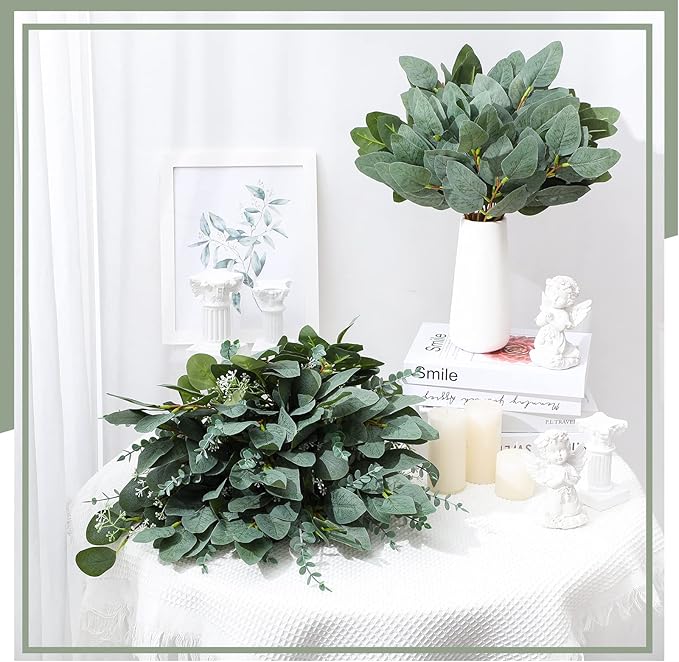 Tigeen 100 Pcs Artificial Eucalyptus Stems Leaves Bulk, 14'' Tall Silver Dollar Eucalyptus Stems Greenery Stems Fake Eucalyptus Plant Branches for Wedding Vase Bouquet Flower DIY Wreath Home Decor