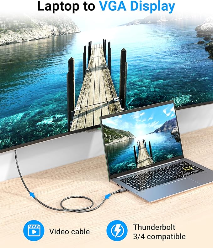 BlueRigger 6FT USB-C to VGA Cable - 1080p Display, Compatible with Laptop, Phone, Tablet, HDTV, Monitor, Projector