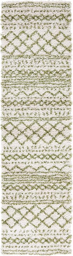 SAFAVIEH Arizona Shag Collection Area Rug - 2'6" x 14' Runner, Ivory & Green, Non-Shedding & Easy Cleaning, Plush Thick Pile, Ideal for Living Room, Bedroom, Dining Space (ASG741Y)
