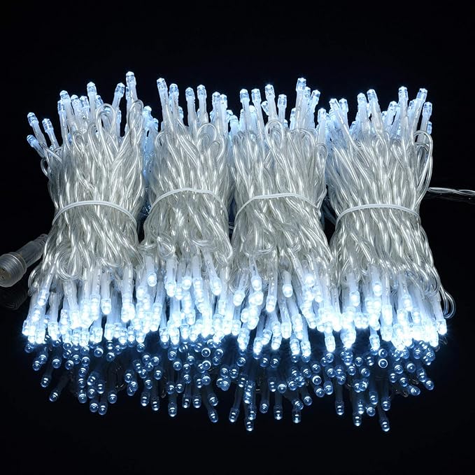YULETIME 100 ft 300 Count Cool White LED String Lights with 8 Models Adapter, Clear Wire Wide Angle 5mm Christmas Lights (Cool White - Multimode)