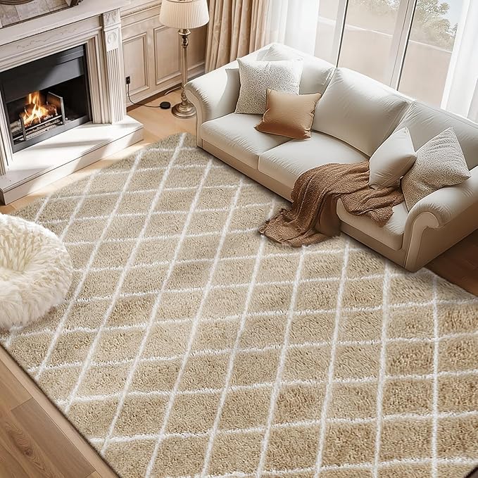 Fluffy Rug for Bedroom, Stripe Checkered Rug Anti-Skid High Pile for Living Room Bedroom Kids Room Nursery, Dorm Home Decor