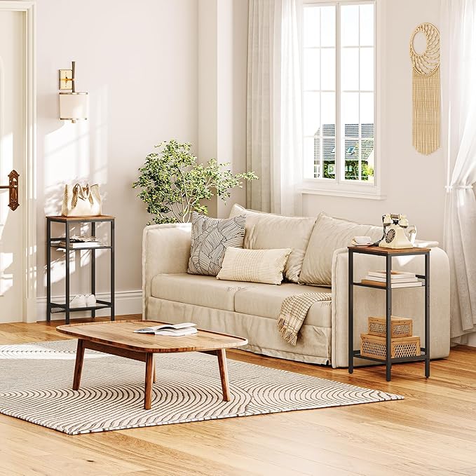 HOOBRO Side Table, 3-Tier Tall End Telephone Table with Adjustable Mesh Shelves, Small Entry Table for Living Room Bedroom Hallway or Office, Rustic Brown and Black BF01DH01G1