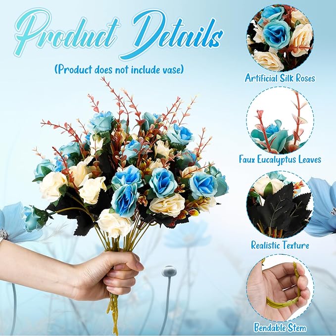 Hotop 12 Bunches of Artificial Flowers Centerpiece 13 Inches Silk Faux Roses Bouquets for Table Decoration Realistic Bouquet Arrangement Boho Faux Flowers for Wedding (Light Blue)