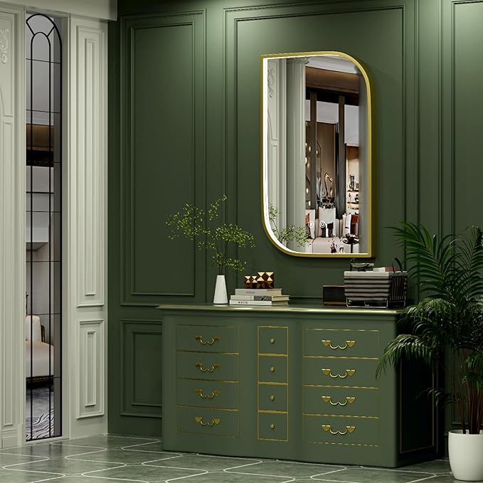 22x36 Inch Gold LED Mirror for Bathroom with Lights, Adjustable 3000K/4500K/6000K, Irregular Frame Lighted Bathroom Vanity Mirror, Stepless Dimmable, Anti-Fog, Wall Mounted