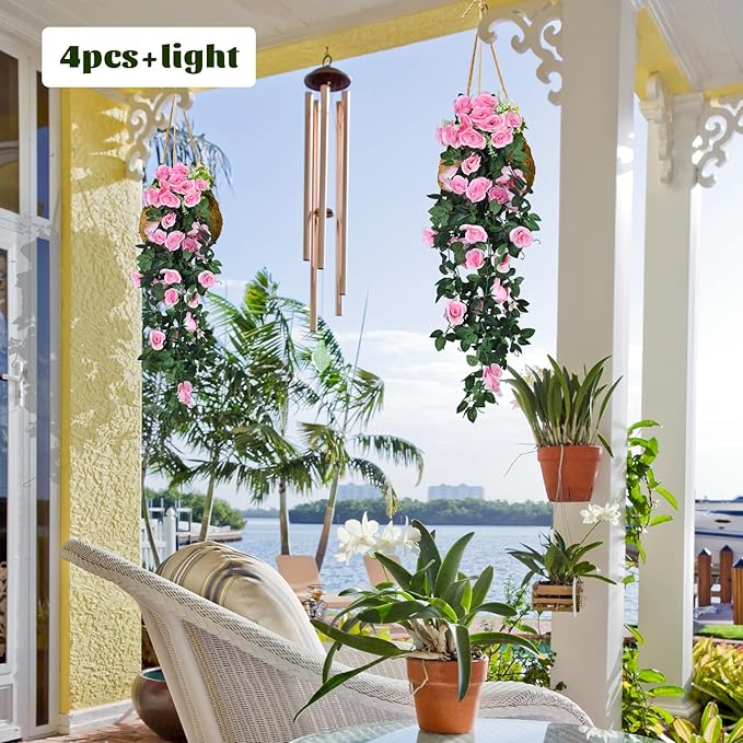 RECUTMS 4PCS Artificial Rose Vine Hanging Plants Fake Flower Outdoor Flowers UV Resistant for Indoor Outside Garden Porch Window Box Home Wedding Farmhouse (Pink)