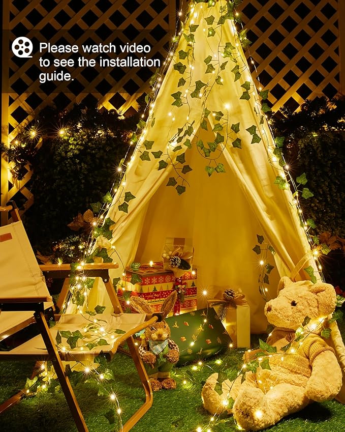 Solar Fairy Lights Outdoor, 33Ft Solar String Lights with Ivy, Plant Vine for Camping Outside Garden Yard Fence Wall