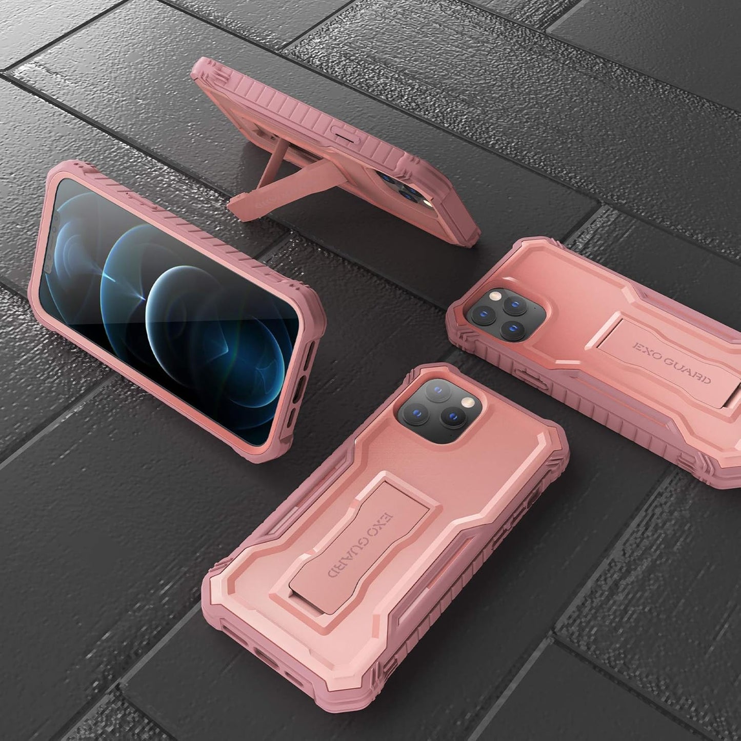ExoGuard Pink iPhone 12 Case, Compatible with iPhone 12 Pro, Rubber Shockproof Full-Body Cover with Kickstand
