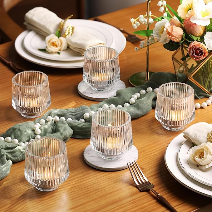 12 Pcs Large Glass Votive Candle Holders- 3.15"×3.15" Ribbed Candle Holders for Tealight Candles, Votives, Floatings, Tea Lights Candle Holders for Table Centerpieces, Wedding Table Decor