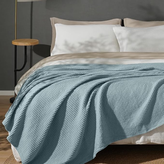 PHF 100% Cotton Waffle Weave Blanket Twin Size for Bed,Snag Proof Lightweight Breathable Moisture-Wicking Throw for Couch,Great for Layering in Cold Weather,Machine Washable,Home Decor Gift-Ocean