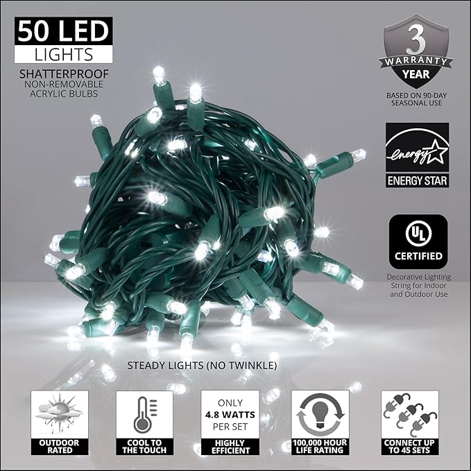 5mm LED Wide Angle Cool White Prelamped Light Set, Green Wire - 50 LED Cool White Wide Angle, Flicker Free Style Light Set, Green Wire, 4" Spacing