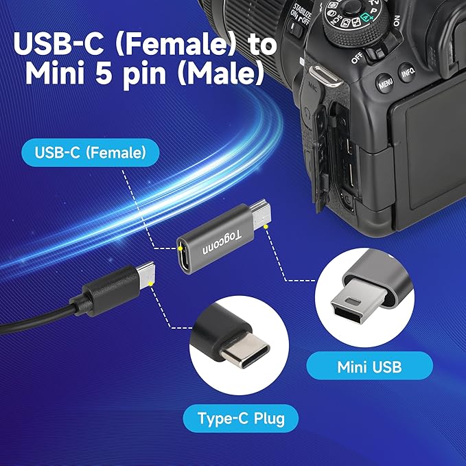 USB C to Mini USB Adapter 2 Pack, USB Type-C (Female) to Mini USB (Male) Converter Connector, Support Charging & Data Sync Compatible with GoPro Hero 3+, MP3 Players, Dash Cam, Digital Camera and more