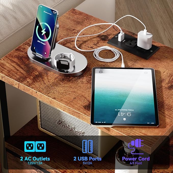 Furologee Nightstands Set of 2 Charging Station, End Tables with LED Lights, Nightstands with 2 Fabric Drawers and Shelves, Bedside Tables for Living Room/Bedroom,Rustic Brown