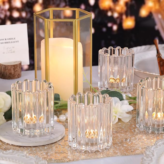 Glass Clear Votive Candle Holder, Ribbed Votive Candle Holders Set of 12, Tealight Candle Holder for Wedding Centerpieces Dinner Party Table Decor
