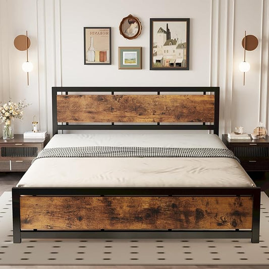LIKIMIO California King Bed Frame with Headboard and Footboard, Metal Strong Supports, Easy Assembly, Noise-Free, No Box Spring Needed, Vintage Brown