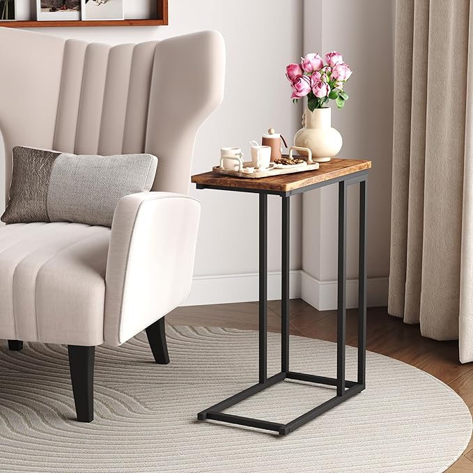 Yusong C Shaped End Table - Slide Under Sofa Couch Bed, Small Table for Small Spaces, Skinny Overbed, Coffee Drink Snack Table for Living Room, Rustic Brown