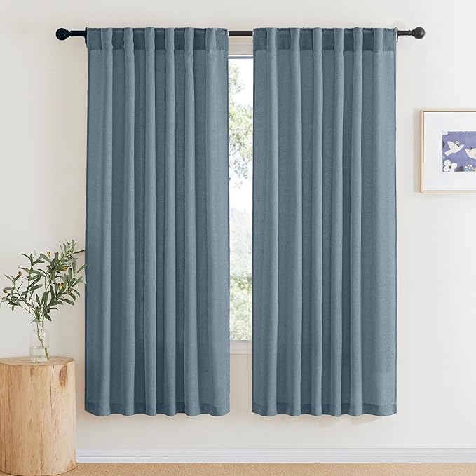 RYB HOME Stone Blue Semi Sheer Curtains, Natural Linen Blend Drapes Light Filtering Privacy Protected Back Tab Curtain Panels for Cottage Study Room Attic 52 x 72 inch, 2 Panels Set