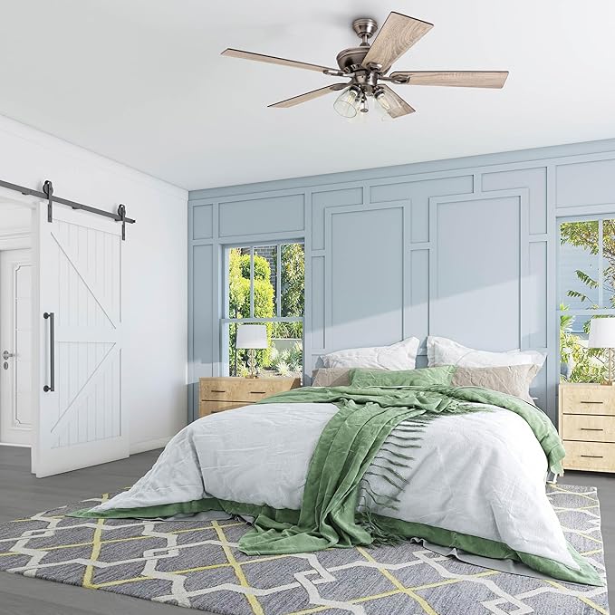 Prominence Home Glenmont, 52 Inch Farmhouse LED Ceiling Fan with Light, Pull Chain, Three Mounting Options, Dual Finish Blades, Reversible Motor - 50388-01 (Pewter)