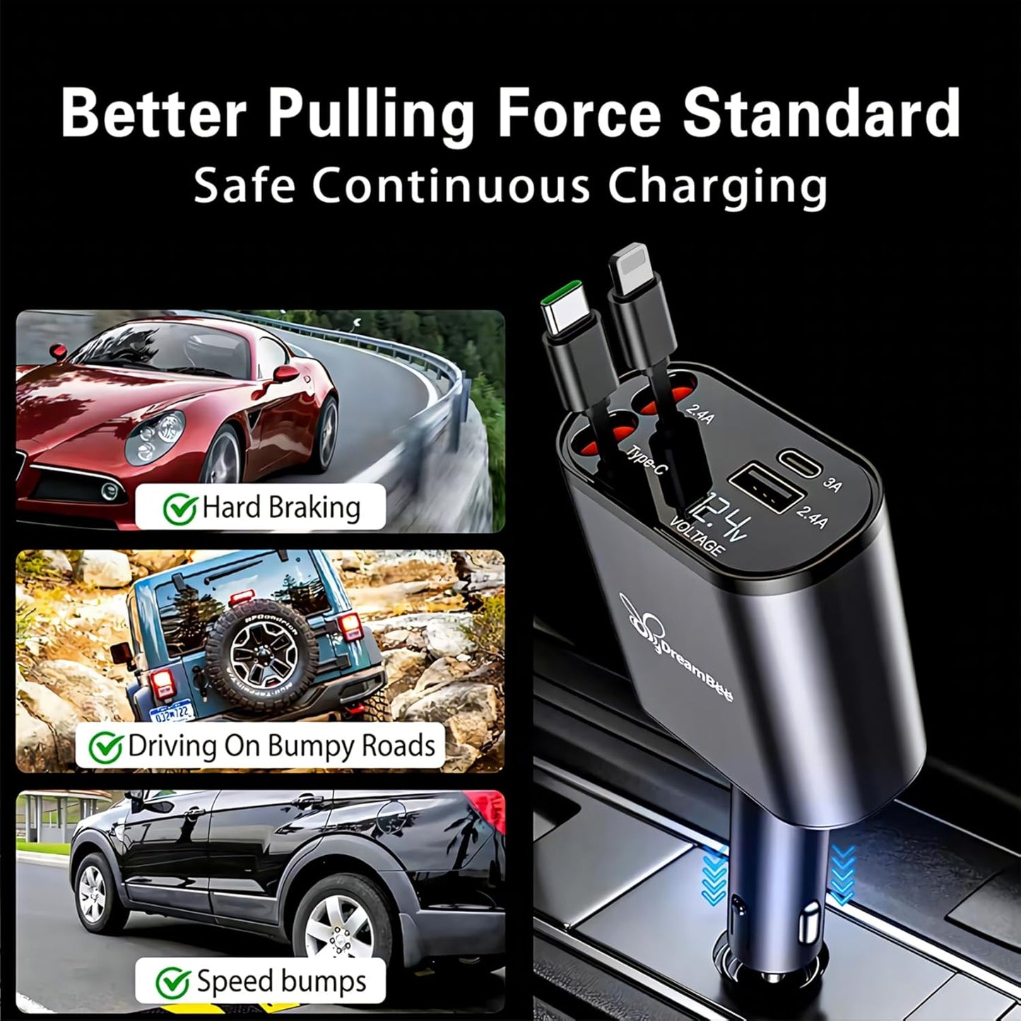 Retractable Car Charger, 66W 4 in 1 Super Fast Charge with 31.5 inch Cables and 2 USB Ports for iPhone 15/14/13/12