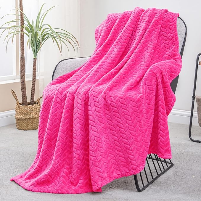 Exclusivo Mezcla Fleece Throw Blanket for Couch, 50x70 Inches Soft Cozy Jacquard Flannel Blankets, Lightweight Fuzzy Plush Warm Throws for Winter, Hot Pink