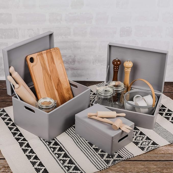 Large Grey Wooden Box Storage with Hinged Lid | 11.8 x 7.87 x 5.51 inches (+-0.5) | with Handles | Gift Box Storage | Product NOT Intended for 15 Years OR Below