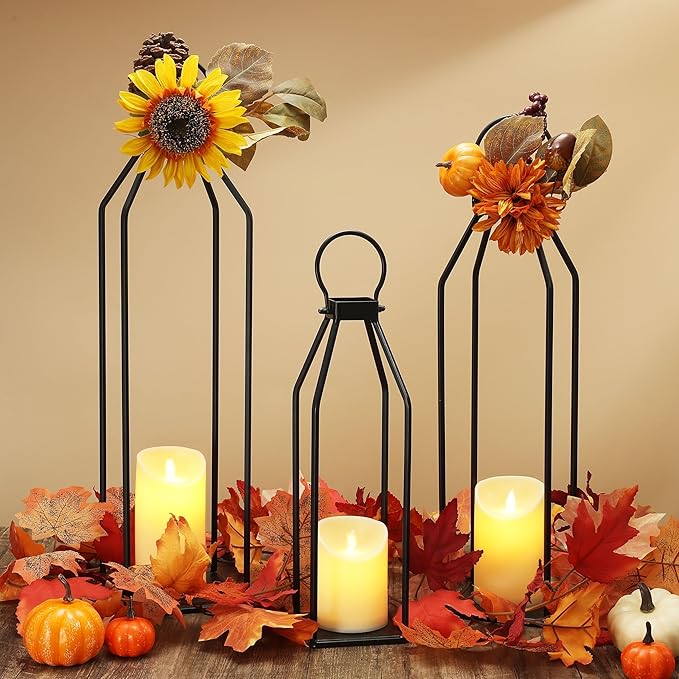 Perfnique Modern Farmhouse Lanterns, Set of 3 Black Metal Lanterns w/ 6hr Timer Flickering Flameless Candles, Decorative for Outdoor Decor, Front Porch, Indoor, Patio, Garden, Fireplace, Christmas