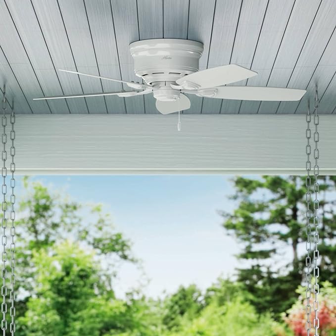 Hunter 48 inch Outdoor or Indoor Ceiling Fan No Light - Low Profile Mount, White Ceiling Fan without Light, For Patio, Porch, Garage, or Living Room, 5 Blades, Pull Chain - Sea Wind 53119, White