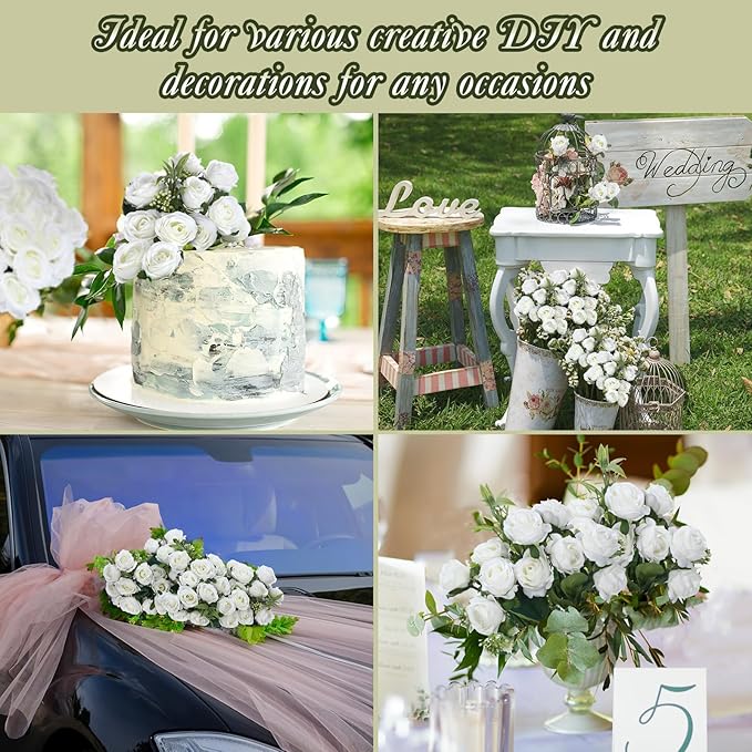 Zeyune 8 Pack 12 Inch Wedding Artificial Mini Rose Bouquet White Silk Flowers Bunches Bulk Fake for Wedding Bridal Christmas Home Office Garden Parties Decoration