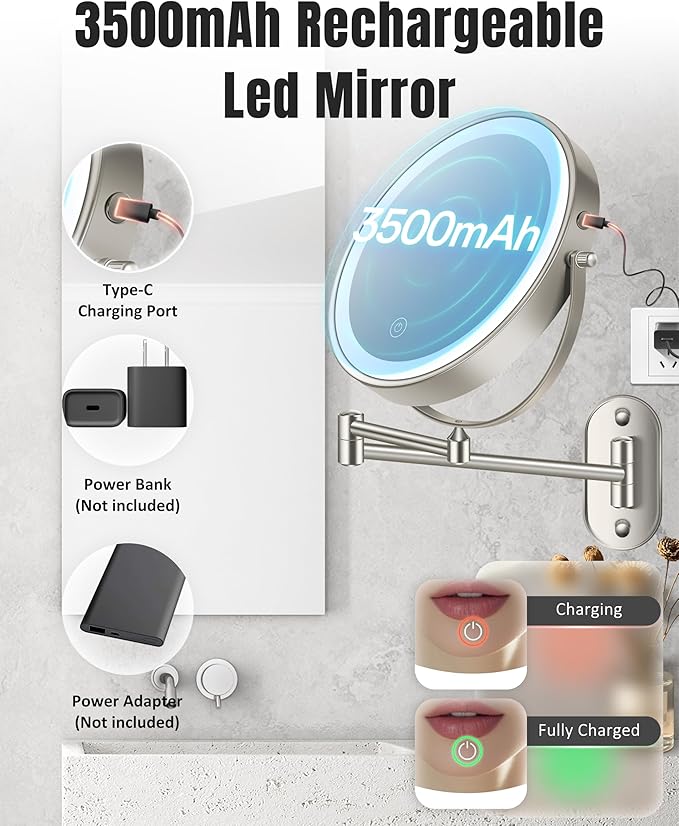Wall Mounted Makeup Mirror with Light, 20X/1X 8'' Double Sided LED Magnifying Bathroom Lighted Vanity Mirror with Magnification, 3 Color Light up Touch Dimmable Extended Arm 360 Rotation