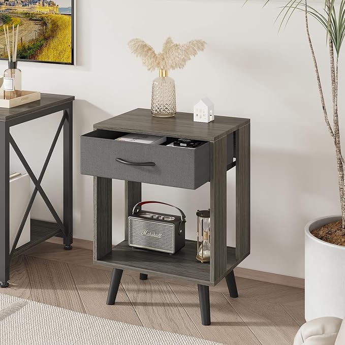 GYIIYUO Nightstands Set of 2 with Black Fabric Storage Drawer and Open Wood Shelf, Side Table with Storage for Bedroom, Bedside Tables - Gray 23.7" H