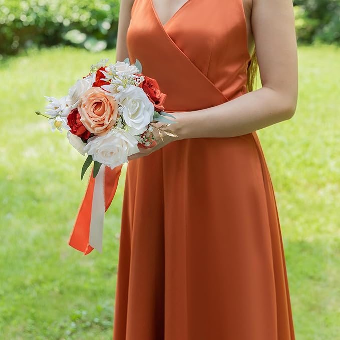 ponatia Burnt Orange Wedding Bouquets for Bride Bridesmaid, Cream Artificial Roses Flowers for Bride Bouquets Ceremony, Anniversary