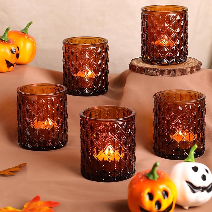 12Pcs Large Votive Candle Holders 2.8 * 3.2in Amber Tea Light Candle Holders Glass Candle Holder for Wedding Table Centerpiece, Home Decor, Birdal Shower, Party, Fall Decor