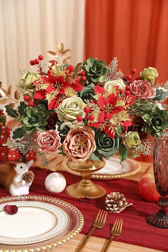 Artificial Christmas Flowers Set with Poinsettia, Fake Roses, Greenery Leaves & Stems for DIY Christmas Decor - Wreath, Tree Ornaments, Wedding Bouquets, Centerpieces, Home Floral Arrangement