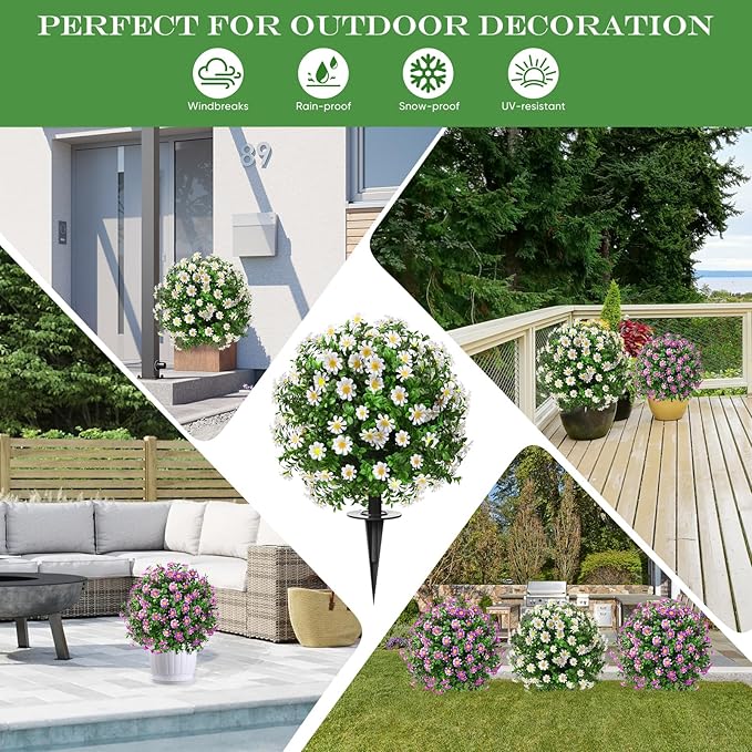 23" Set of 2 Artificial Boxwood Topiary Ball with Sunflower Flowers with Spikes for Outdoor, UV Resistant Faux Greenery Shrubs, Realistic Fake Bushes Plants for Garden, Yard, Front Porch, Patio Decor