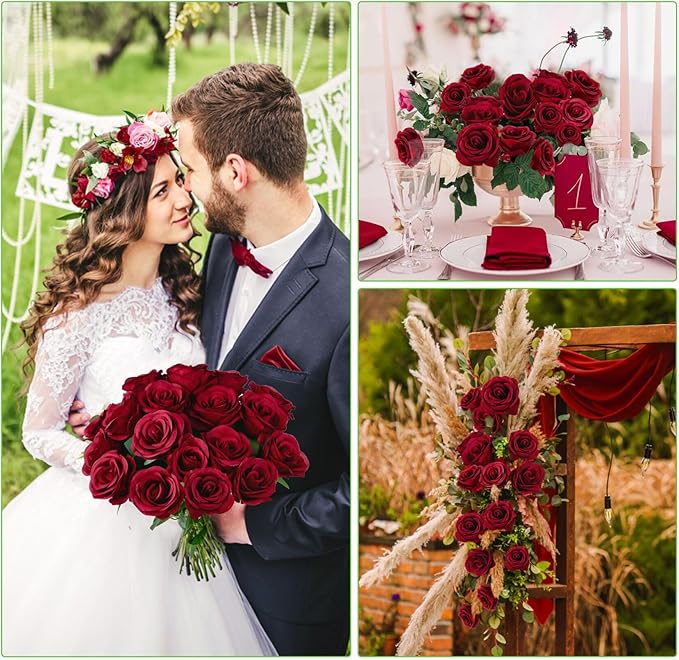 Ouddy Decor 20 Pcs Red Roses Artificial Silk Flowers Fake Roses Bouquet with Long Stems for Valentines Day Decor Wedding Home Party Table Centerpieces Bridal Bouquet DIY Floral Arrangment, Wine Red