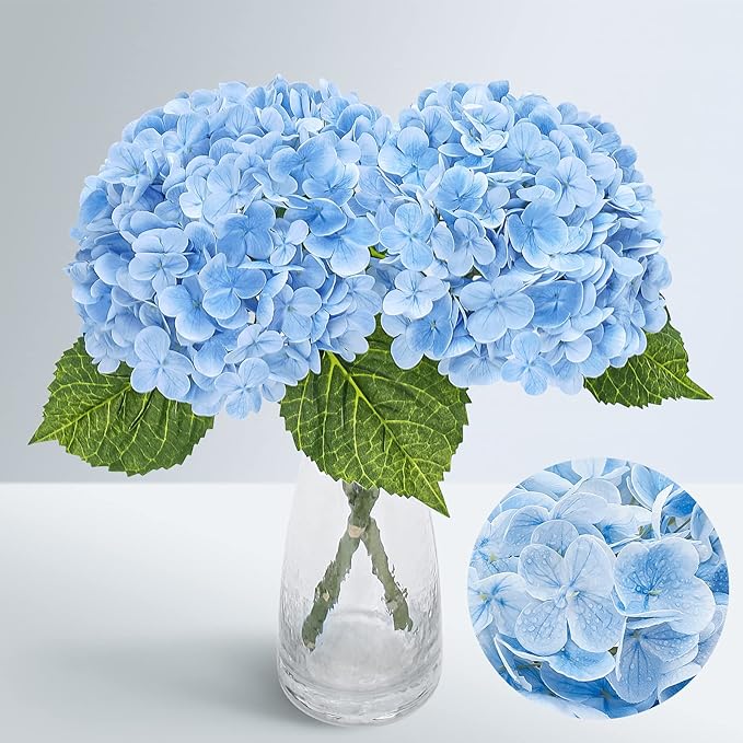 Waipfaru 21" Real Touch Blue Hydrangea Artificial Flowers with Long Stem & Leaves, Full Latex Faux Hydrangea Flowers for Home Decor Party Floral Arrangements Wedding Bouquets Centerpieces, 2Pcs