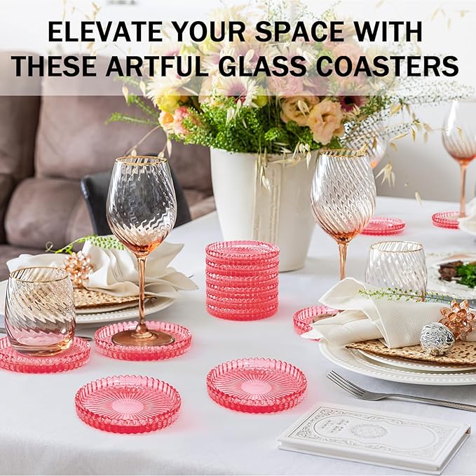 Glass Candle Holders, GOH DODD Set of 8 Crystal Pillar Plates Modern Coasters for Drinks, Centerpiece, Home Decor, Kitchen, Living Room, Patio, Wedding, Halloween, Christmas, Party, Clear Red