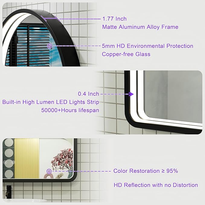 40x30 Inch LED Bathroom Mirror with Lights, Adjustable 3000K/4500K/6000K, Arched Black Frame Lighted Bathroom Vanity Mirror, Anti-Fog, Dimmable, Wall Mounted