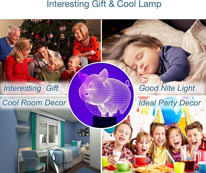 Pig 3D Decor Lamp with Remote, Toys for Girls Boys Room, Night Light Bedside Gifts for Kids Baby