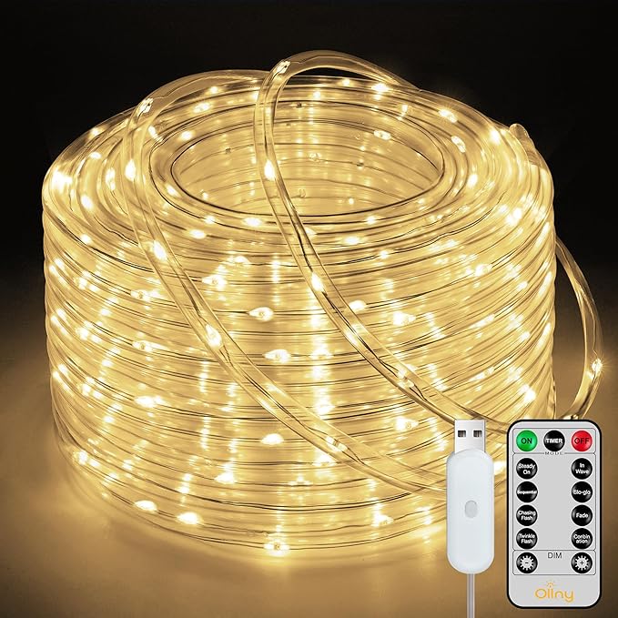 Ollny Rope Lights 33FT 100 LED, USB Power Warm White String Lights with Remote, 8 Modes IP68 Waterproof Timer Christmas Lights for Bedroom Indoor Wall Party Wedding Decor