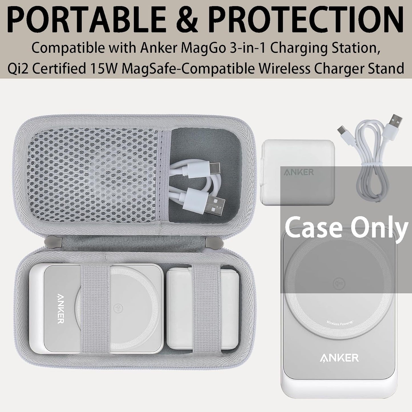 khanka Hard Travel Case for Anker MagGo 3-in-1 Charging Station, Qi2 Certified 15W MagSafe-Compatible Stand (White)