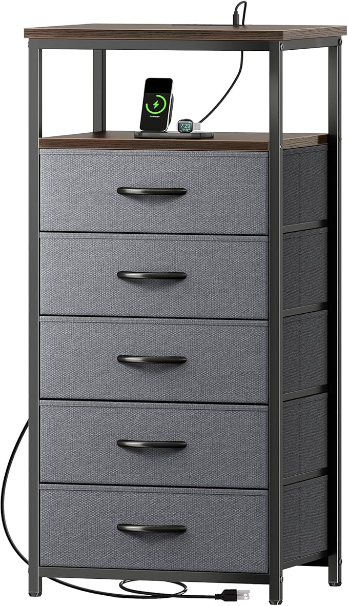 Huuger 5 Drawers Dresser with Charging Station, Dresser for Bedroom, Tall Night Stand, Chest of Drawers with Open Shelf, Bedside Table Nightstand, Fabric, for Entryway, Adult Only, Walnut