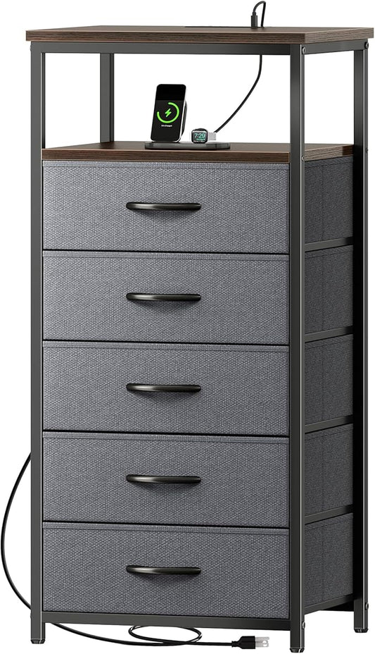 Huuger 5 Drawers Dresser with Charging Station, Dresser for Bedroom, Tall Night Stand, Chest of Drawers with Open Shelf, Bedside Table Nightstand, Fabric, for Entryway, Adult Only, Walnut