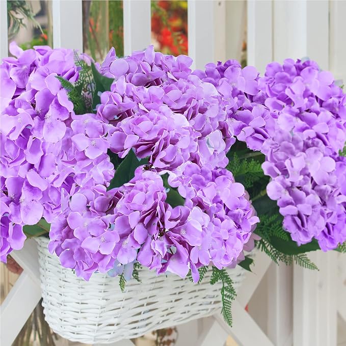 Auihiay 64pcs Hydrangea Artificial Flowers, Purple Artificial Hydrangea Flowers, Silk Hydrangea Heads with Stems for Garden, Home Party Baby Shower DIY Wedding Centerpiece (Purple)