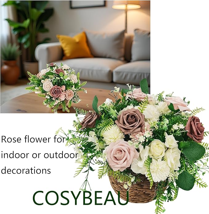 Artificial Flowers 25pcs Roses, Shade of Rouge Foam Fake Rose Faux Flower for DIY Wedding Bouquets Bridal Shower Centerpieces Floral Arrangements Party Tables Home Decorations