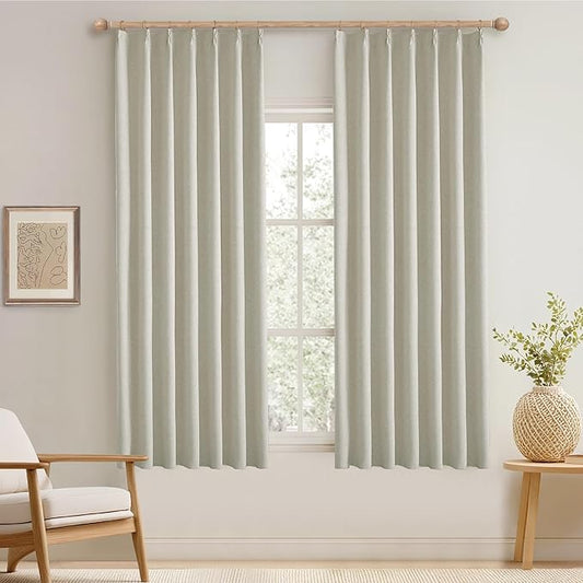 KangBang Pinch Pleated Blackout Curtains 63 Inches Long, Linen Textured Thermal Window Panels for Bedroom Kitchen, Sun Blocking Small Window Black Out Drapes with Hooks, 42x63 Inch, 2 Panels