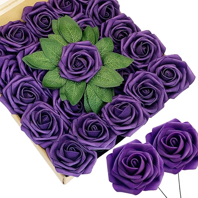 Dark Purple Artificial Roses 50 PCS Flowers with Stem, Fake Rose Heads Bouquets for DIY Wedding Decorations Centerpieces Arrangements Party Home Garden Porch Window Decor