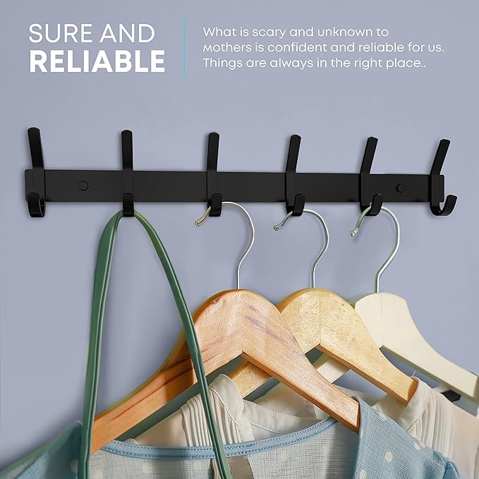 Matte Black Coat Rack Wall Mount – 17 Inch Stainless Steel Hook Rail with 6 Double Coat Hooks – Wall Mounted Entryway Organizer for Coats, Hats, Bags, Towels, Robes, Closet or Bathroom - 2 Pack