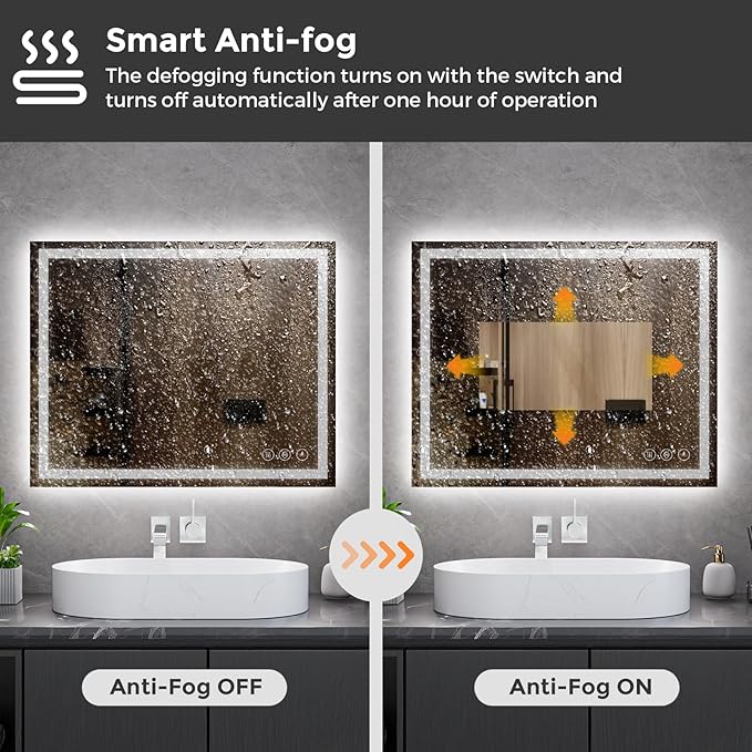 Koonmi 30x40 LED Bathroom Mirror, Backlit + Front Lit, LED Bathroom Mirror with Lights for Wall, 3 Colors, Anti-Fog, Dimmable Brightness, Memory Function, Tempered Glass